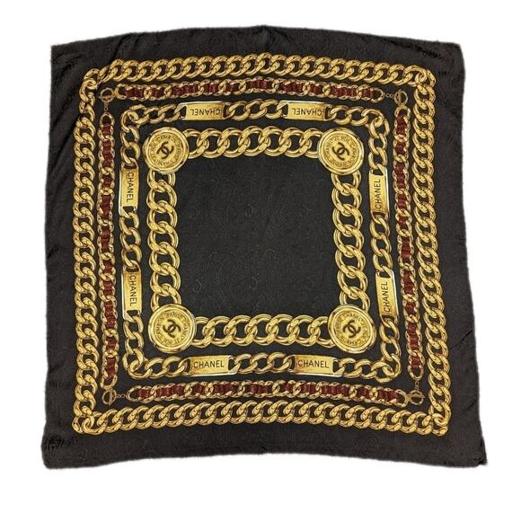 NWT Chanel Vintage Brown Paisley Gold Chain Silk Scarf - Picture 1 of 6